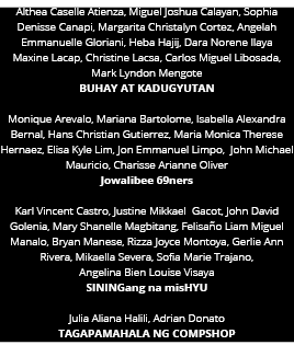 Althea Caselle Atienza, Miguel Joshua Calayan, Sophia Denisse Canapi, Margarita Christalyn Cortez, Angelah Emmanuelle   