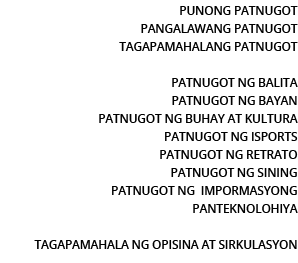 Punong Patnugot Pangalawang Patnugot Tagapamahalang Patnugot  Patnugot ng Balita PATNUGOT NG BAYAN  Patnugot ng Buhay   