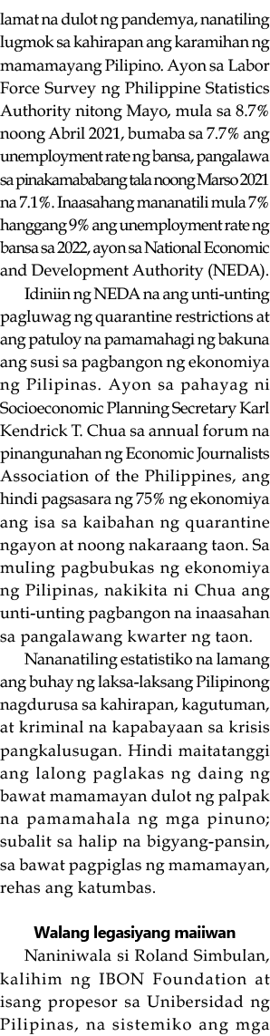 lamat na dulot ng pandemya, nanatiling lugmok sa kahirapan ang karamihan ng mamamayang Pilipino  Ayon sa Labor Force    