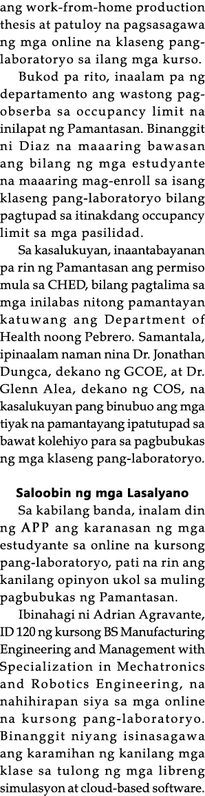 ang work-from-home production thesis at patuloy na pagsasagawa ng mga online na klaseng pang-laboratoryo sa ilang mga   