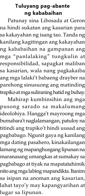 Tuluyang pag-abante ng kababaihan Patunay sina Libosada at Geron na hindi sukatan ang kasarian para sa kakayahan ng i   