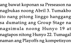 ang bawat koponan sa Preseason na nagbukas noong Abril 3  Tumakbo ito nang pitong linggo hanggang sa dumating ang Gro   