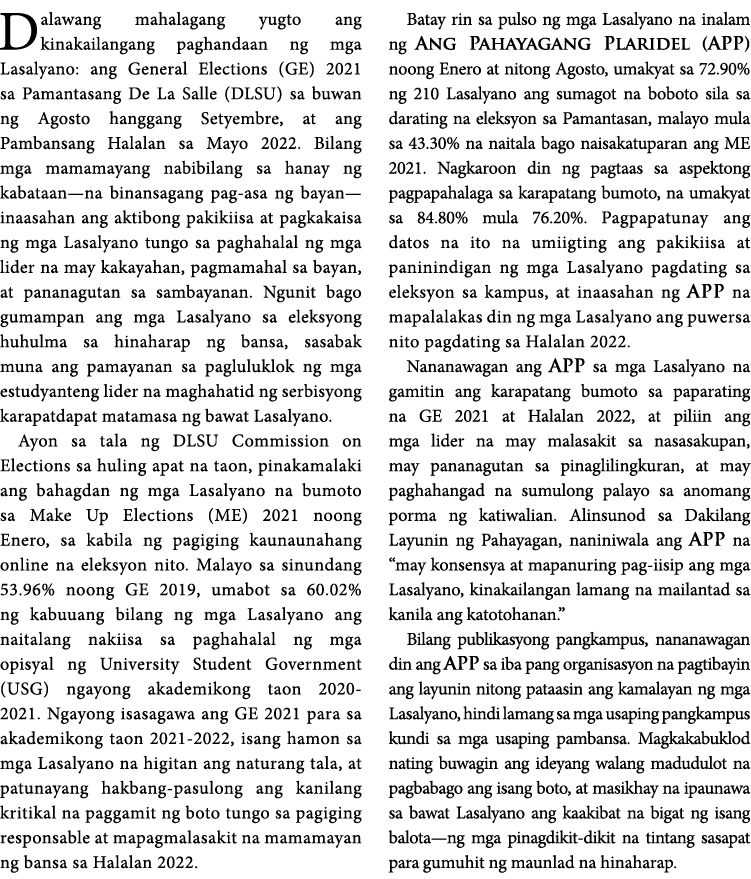 Dalawang mahalagang yugto ang kinakailangang paghandaan ng mga Lasalyano: ang General Elections (GE) 2021 sa Pamantas   